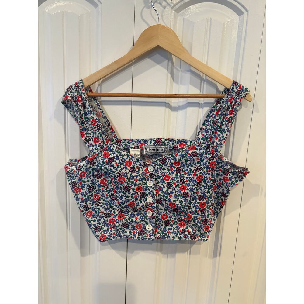 Bonjour White And Blue Floral Button Front Crop Tank Top Size‎ Medium